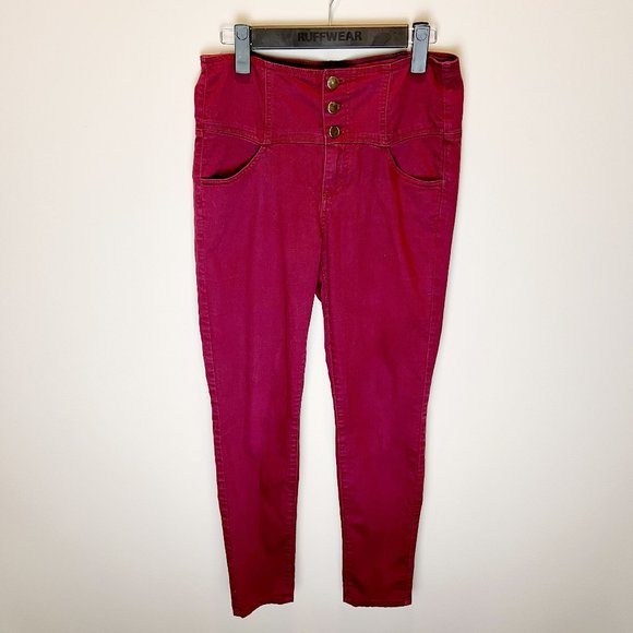 High Waisted Button Fly Burgundy Stretchy Skinny Jeans - Picture 1 of 4